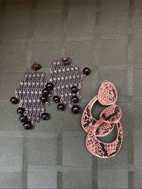 Jewelry - 2 pairs Vintage Black Beaded Chainmaille Earrings and faux Snake skin earrings